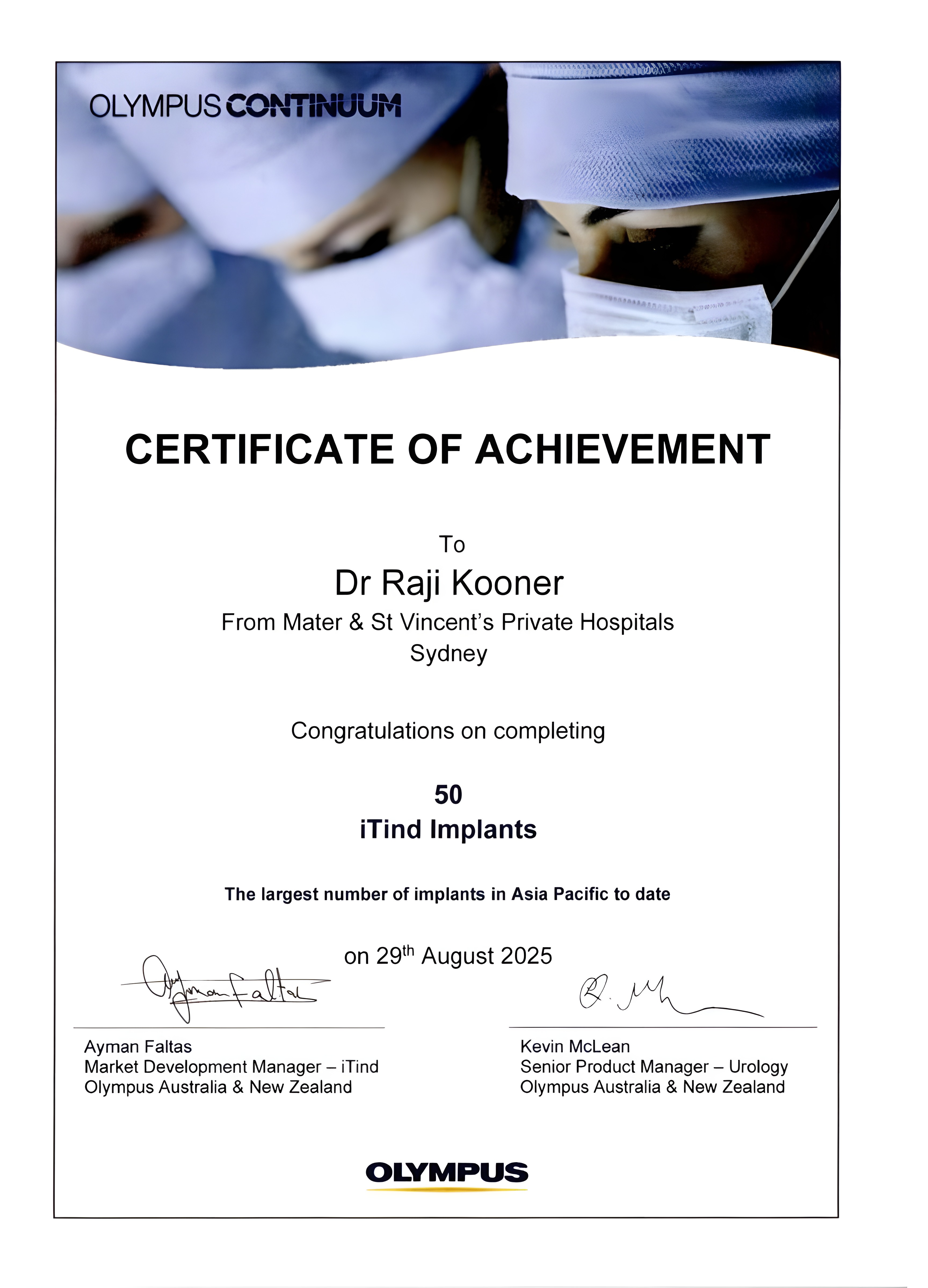Certificate from Olympus recognising Dr Kooner's 50-case iTind milestone in 2025